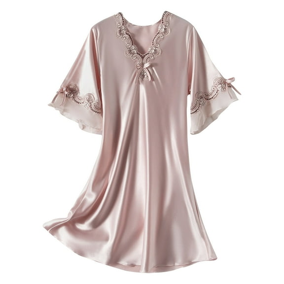 hotojiny Women Short Sleeve Nightgowns V Neck Lightweight Lace Sleepwear Soft Comfy Pajama Dress Loungewear