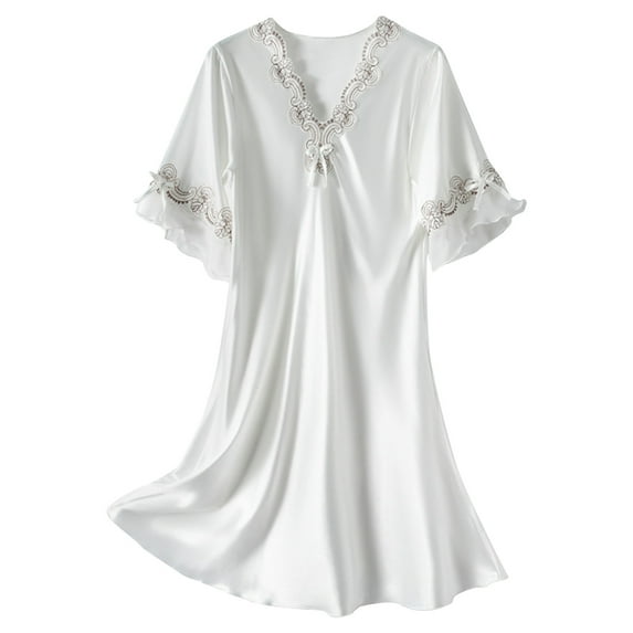 hotojiny Women Short Sleeve Nightgowns V Neck Lightweight Lace Sleepwear Soft Comfy Pajama Dress Loungewear