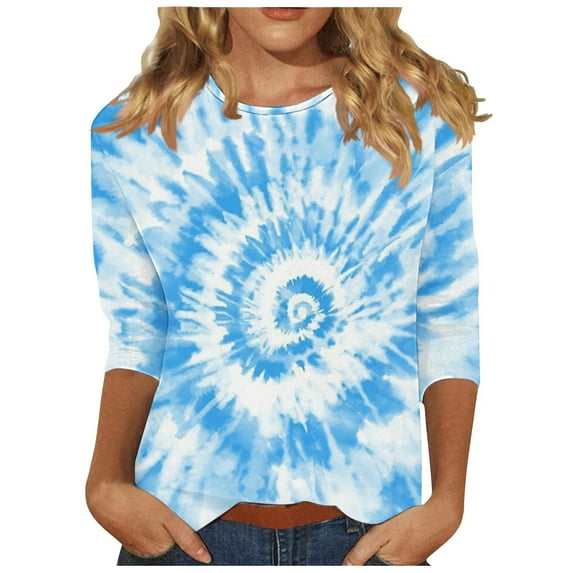 hotojiny Women 3/4 Sleeve Tops Casual Lightweight Shirts Round Neck Printed Loose Tshirts Blouse for Fall