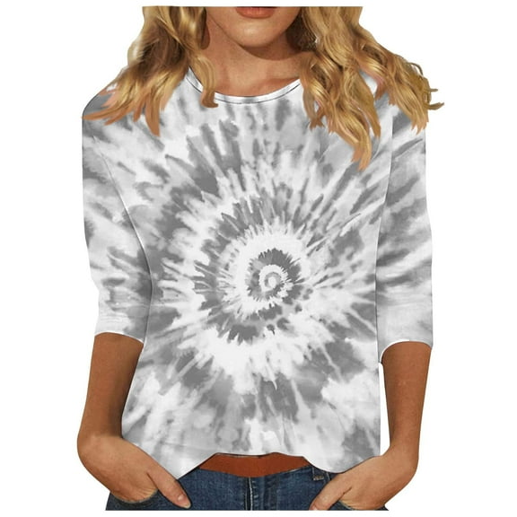 hotojiny Women 3/4 Sleeve Tops Casual Lightweight Shirts Round Neck Printed Loose Tshirts Blouse for Fall
