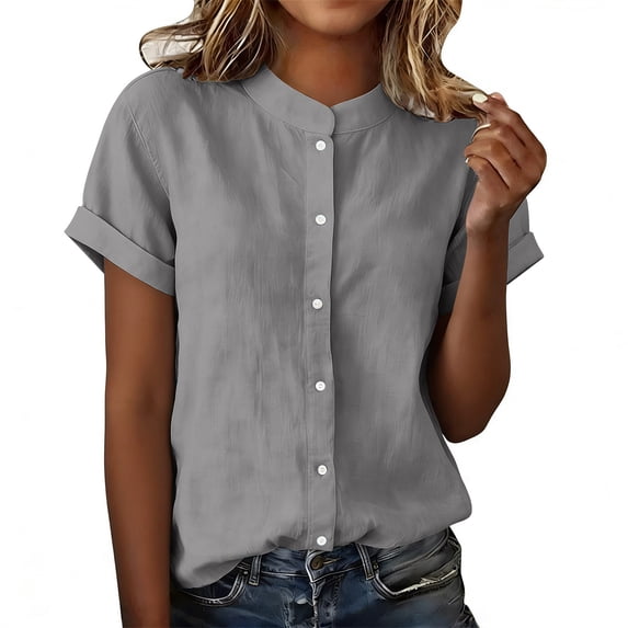 hotojiny Women Button Down Shirts Rolled Short Sleeve Cotton Linen Work Tops Loose Fit Crew Neck Business Casual Blouse