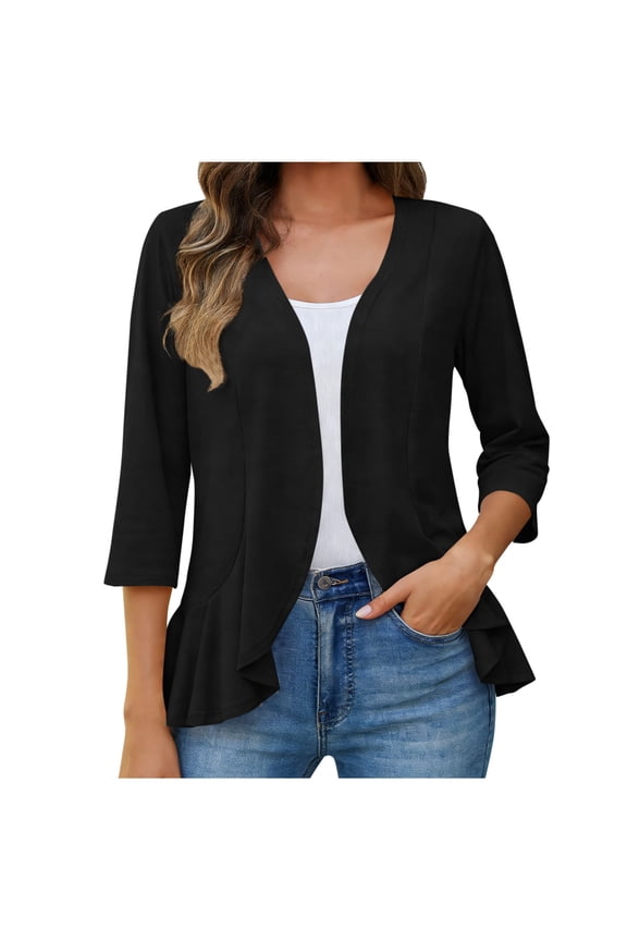 Women Cardigan Lightweight Open Front Cardigans Trendy 3/4 Sleeve Shrug Soft Comfort Solid Color Summer Tops
