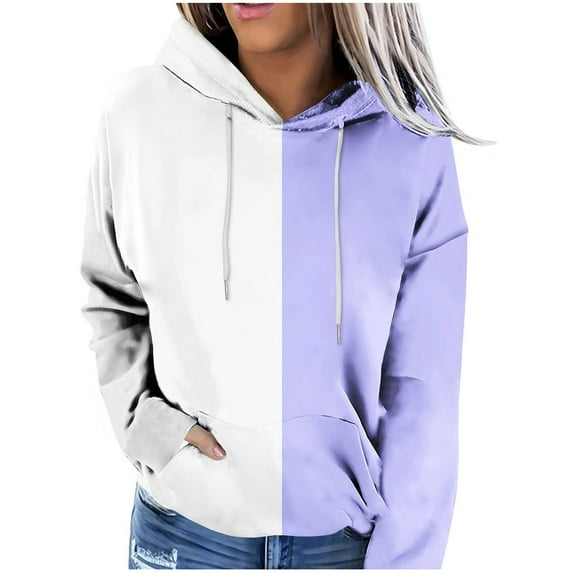 hotojiny Women Casual Hoodie Sweatshirt Long Sleeve Drawstring Pullover Tops Color Block Hooded Tops with Pocket