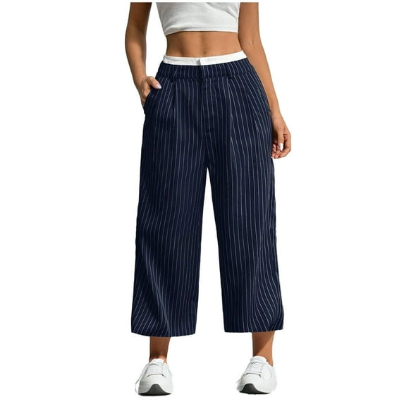 hotojiny Women Casual Pants Wide Leg Striped Loose Trousers Spring Fashion Lounge High Waisted Suit Pants