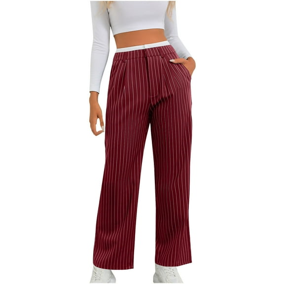 hotojiny Women Casual Pants Wide Leg Striped Loose Trousers Spring Fashion Lounge High Waisted Suit Pants