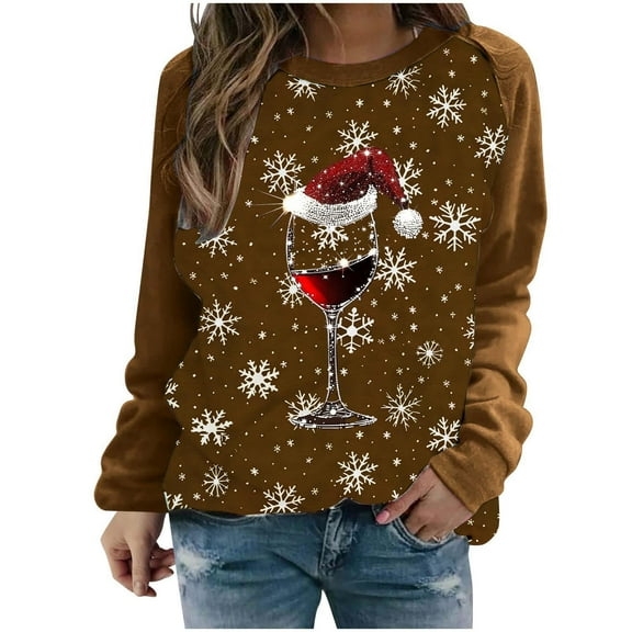 hotojiny Women Christmas Sweatshirt Long Sleeve Crew Neck Casual Sweatshirt Red Wine Glass Graphic Printed Pullover Tops