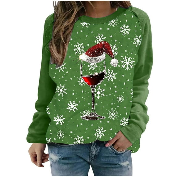 hotojiny Women Christmas Sweatshirt Long Sleeve Crew Neck Casual Sweatshirt Red Wine Glass Graphic Printed Pullover Tops
