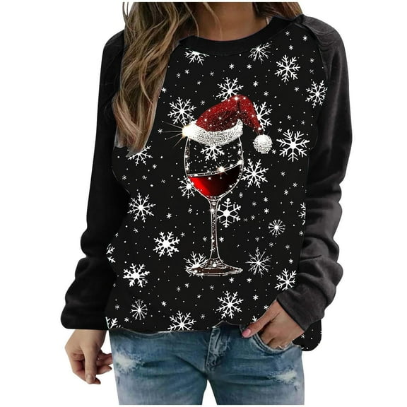 hotojiny Women Christmas Sweatshirt Long Sleeve Crew Neck Casual Sweatshirt Red Wine Glass Graphic Printed Pullover Tops