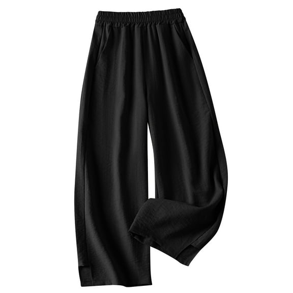 hotojiny Women Cotton Linen Pants Summer Wide Leg High Waisted Palazzo Pants Flowy Lounge Beach Trousers with Pockets