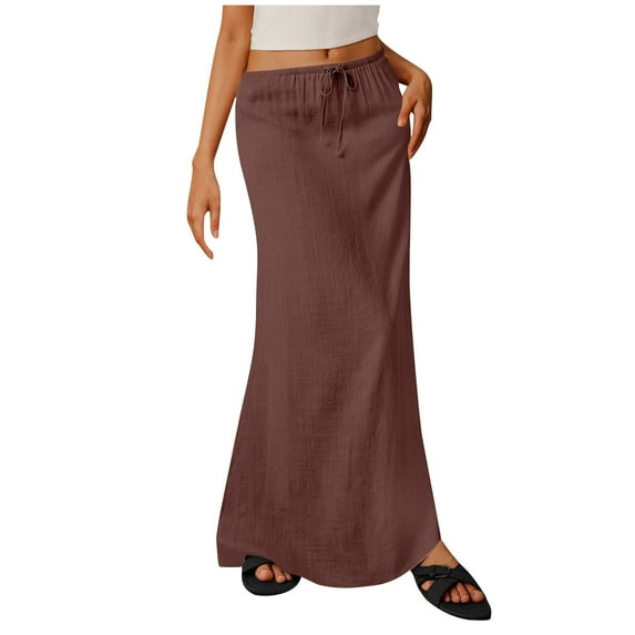 hotojiny Women Cotton Linen Skirt Trendy Elastic Low Rise Drawstring Maxi Skirt Flowy Long Skirt Spring Outfit