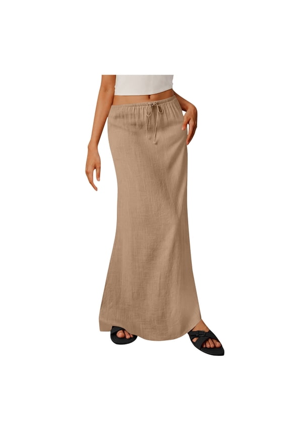 Women Cotton Linen Skirt Trendy Elastic Low Rise Drawstring Maxi Skirt Flowy Long Skirt Spring Outfit