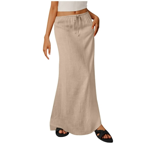 hotojiny Women Cotton Linen Skirt Trendy Elastic Low Rise Drawstring Maxi Skirt Flowy Long Skirt Spring Outfit