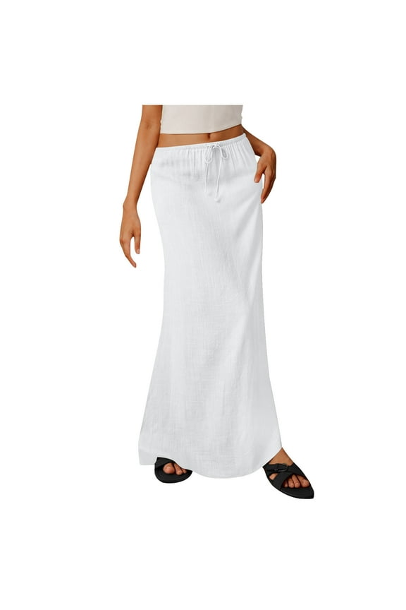 Women Cotton Linen Skirt Trendy Elastic Low Rise Drawstring Maxi Skirt Flowy Long Skirt Spring Outfit