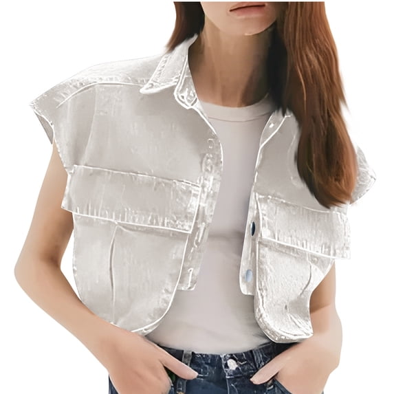 hotojiny Women Denim Vest Laple Sleeveless Button down Jean Jacket Crop Top with Pockets Streetwear Fall