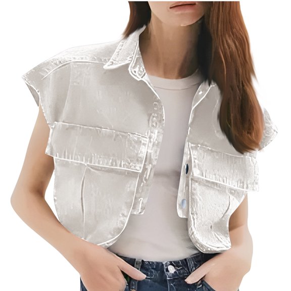 hotojiny Women Denim Vest Laple Sleeveless Button down Jean Jacket Crop Top with Pockets Streetwear Fall