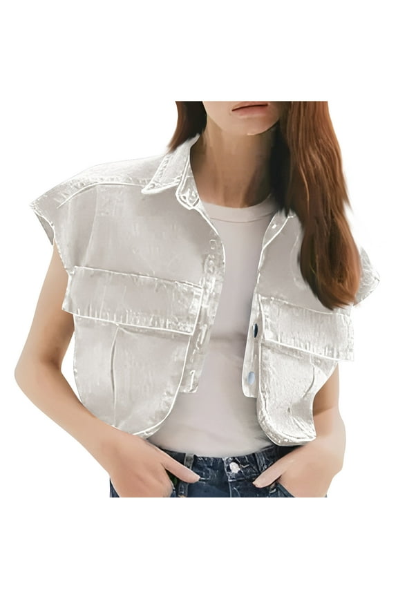 Women Denim Vest Laple Sleeveless Button down Jean Jacket Crop Top with Pockets Streetwear Fall