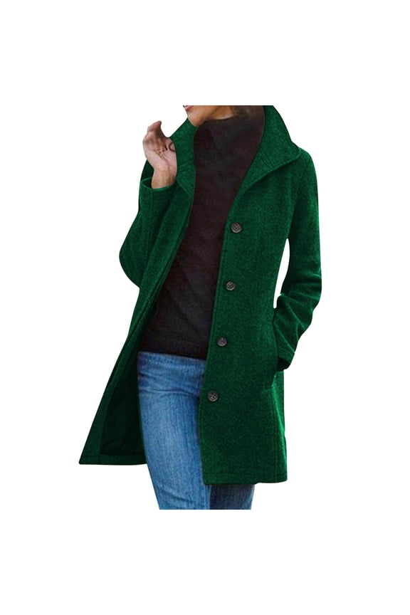 Women Elegant Pea Coat Winter Long Wool Trench Jacket Warm Lapel Long Sleeve Button Overcoat with Pockets