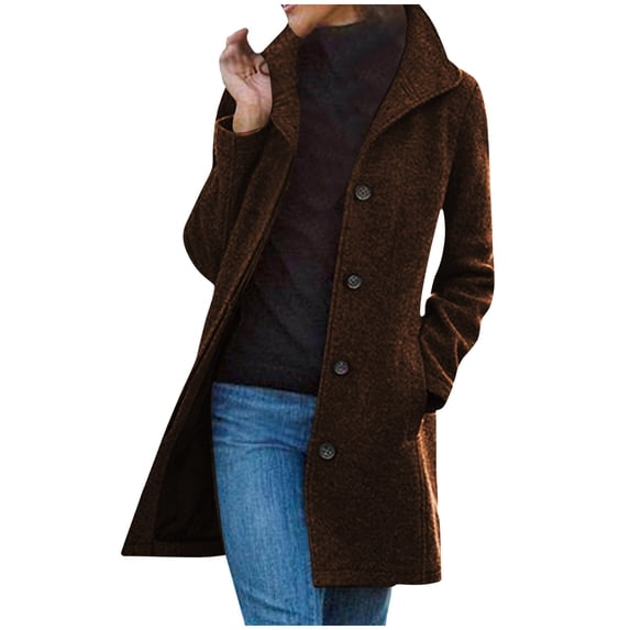 hotojiny Women Elegant Pea Coat Winter Long Wool Trench Jacket Warm Lapel Long Sleeve Button Overcoat with Pockets