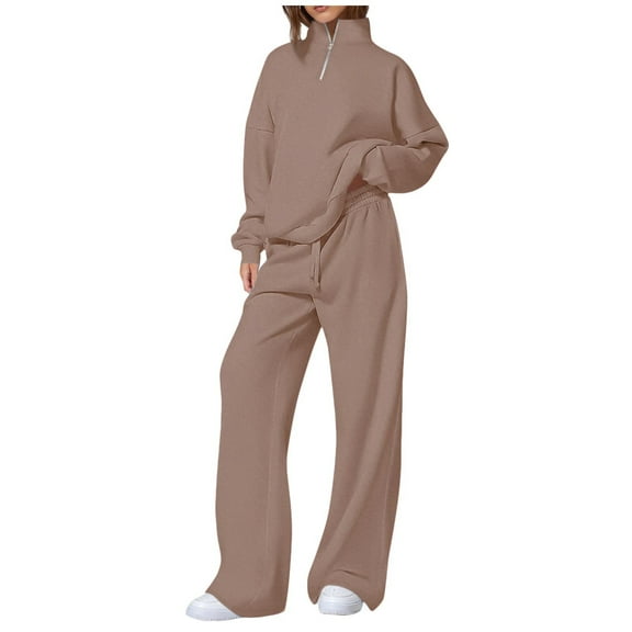hotojiny Women Fall 2 Piece Outfits Fleece Sweatsuits Quarter Zip Long Sleeve Pullover Sweatshirt Wide Leg Pants Tracksuit Lounge Sets