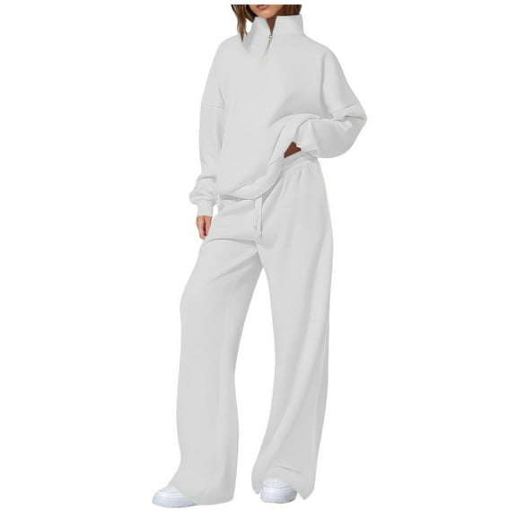 hotojiny Women Fall 2 Piece Outfits Fleece Sweatsuits Quarter Zip Long Sleeve Pullover Sweatshirt Wide Leg Pants Tracksuit Lounge Sets