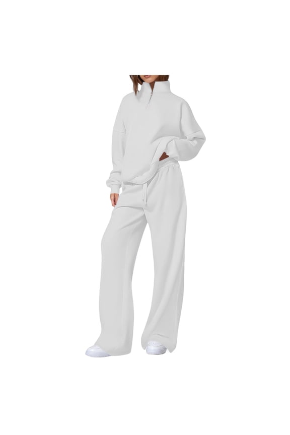 Women Fall 2 Piece Outfits Fleece Sweatsuits Quarter Zip Long Sleeve Pullover Sweatshirt Wide Leg Pants Tracksuit Lounge Sets