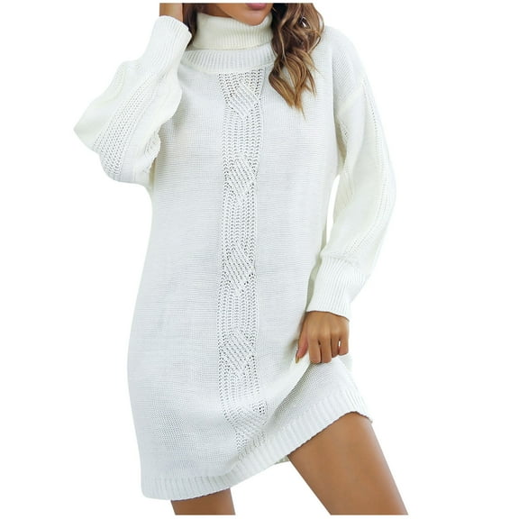hotojiny Women Fall Sweater Dress Turtleneck Casual Cable Knit Sweater Dress Long Sleeve Loose Mini Pullover Dresses