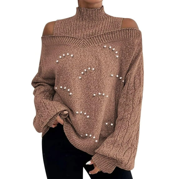 hotojiny Women Fall Winter Knit Sweaters Long Sleeve Off Shoulder Sweater Turtleneck Pullover Loose Tops