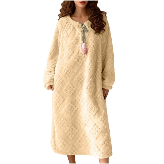 hotojiny Women Flannel Warm Nightgown Soft Warm Long Sleeve Crewneck Winter Fleece Loungewear Plush Sleepwear Cute Nightdress