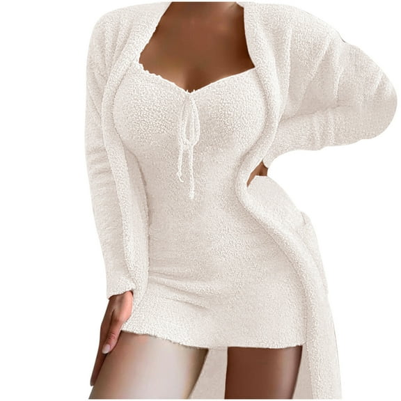 hotojiny Women Fuzzy 2 Piece Outfit Pajamas Fleece Open Front Cardigan Outwear Sleeveless Cami Dress Nightwear Lounge Set