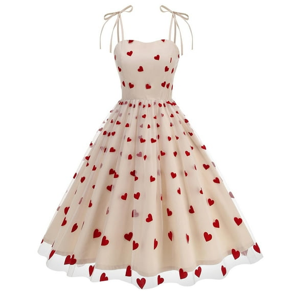 hotojiny Women Heart Print Maxi Dress Valentine's Day Gifts Cocktail Party Dresses Fashion Sleeveless A-Line Flowy Mesh Dress