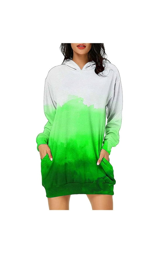 Women Hooded Sweatshirt Dress Fall Long Sleeve Casual Hoodie Dress Fashion Printed Pullover Dress with Pockets