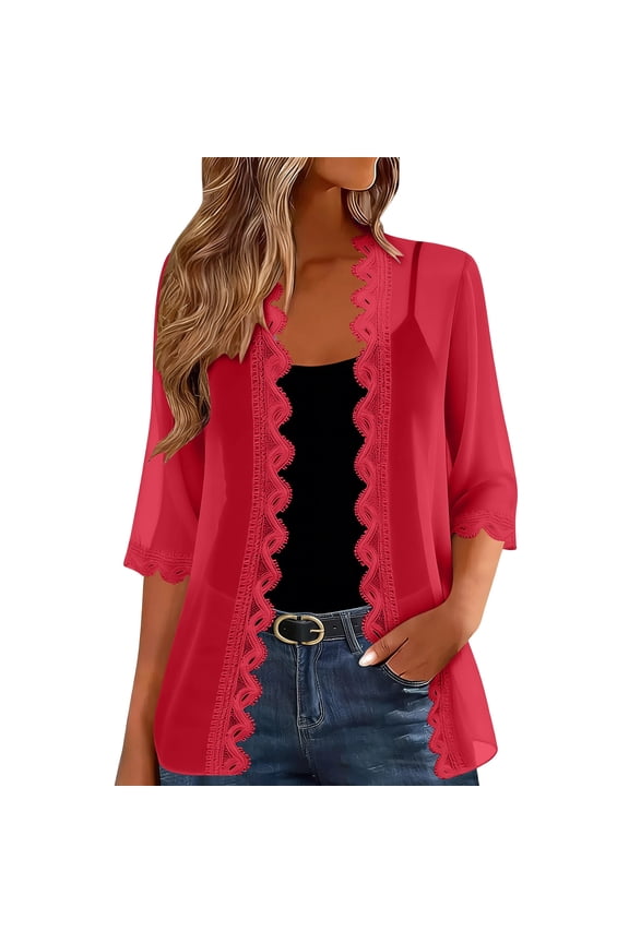 Women Kimono Cardigans Casual Lace Trim Half Sleeve Summer Tops Fashion Cover up Open Front Cardigan Beach Wear