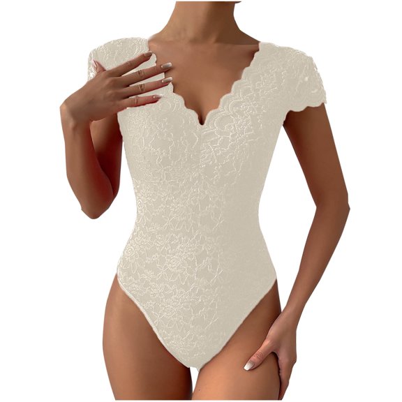 hotojiny Women Lace Bodysuits Short Sleeve Deep V Elegant Body Suit Tops Backless Bodysuit Shirts for Party Club