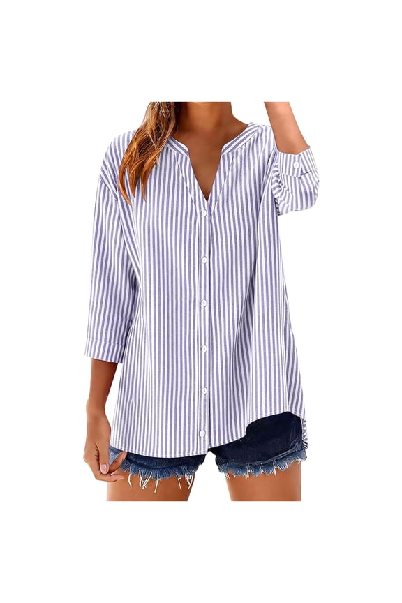Women Linen Button down Shirt Lightweight 3/4 Sleeve Blouse Fashion Striped Ladies Summer Casual V Neck Beach Cotton Tops