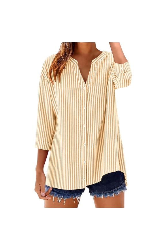 Women Linen Button down Shirt Lightweight 3/4 Sleeve Blouse Fashion Striped Ladies Summer Casual V Neck Beach Cotton Tops