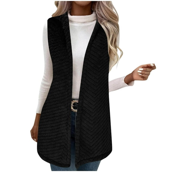 hotojiny Women Long Fuzzy Vest Fall Open Front Fleece Lined Jacket Winter Warm Sherpa Sleeveless Hooded Coat Outwear for Cold Weather