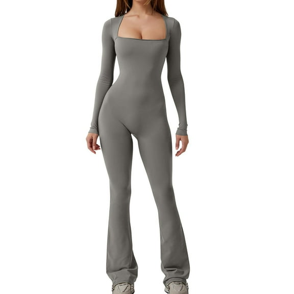 hotojiny Women Long Sleeve Flare Jumpsuits Square Neck Workout Rompers Wide Leg Full Length Stretchy Playsuit