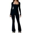 thumbnail image 1 of hotojiny Women Long Sleeve Flare Jumpsuits Square Neck Workout Rompers Wide Leg Full Length Stretchy Playsuit, 1 of 7