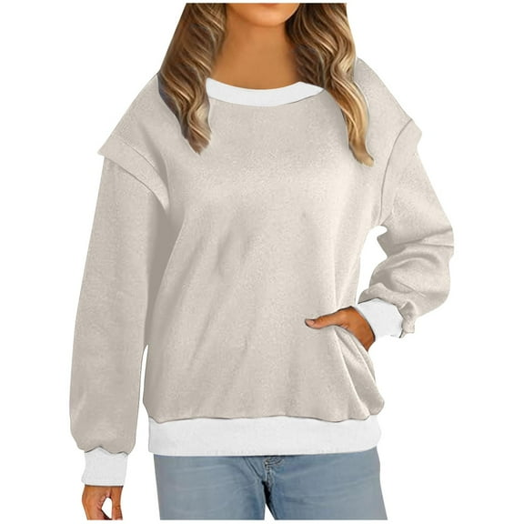 hotojiny Women Long Sleeve Sweatshirt Crew Neck Casual Lightweight Tunic Tops Colorblock Loose Pullover Tops with Pocket