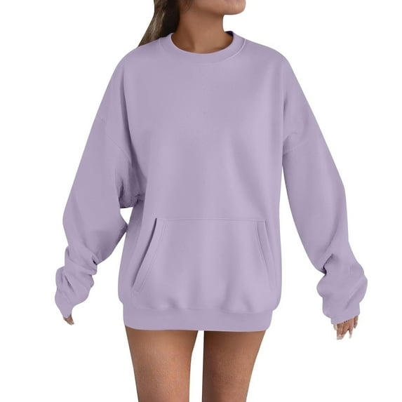 hotojiny Women Oversized Crewneck Sweatshirt Fleece Long Sleeve Solid Color Pullover Tops Casual Loose Workout Shirt with Pocket