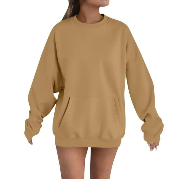 hotojiny Women Oversized Crewneck Sweatshirt Fleece Long Sleeve Solid Color Pullover Tops Casual Loose Workout Shirt with Pocket