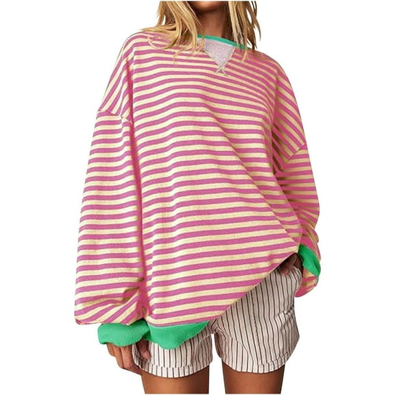 hotojiny Women Oversized Striped Sweatshirt Fashion Long Sleeve Crewneck Pullover Tops Casual Loose Workout Shirt Streetwear