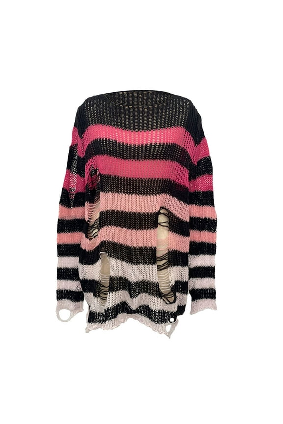 Women Oversized Sweaters Long Sleeve Crew Neck Loose Knit Pullover Tops Crochet Hollow Out Striped Sweater