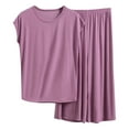 thumbnail image 1 of hotojiny Women Plus Size Pajama Sets Solid Color Crew Neck Short Sleeve Sleepwear Flowy Wide Leg Pants Outfit Size Xl-5Xl, 1 of 3