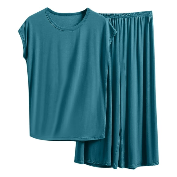 hotojiny Women Plus Size Pajama Sets Solid Color Crew Neck Short Sleeve Sleepwear Flowy Wide Leg Pants Outfit Size Xl-5Xl