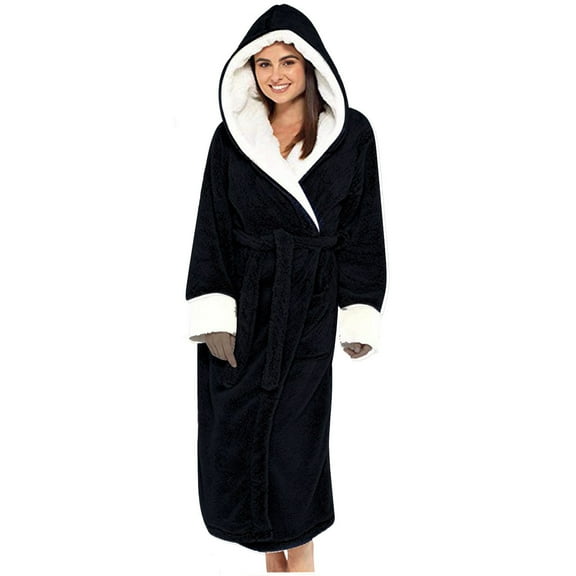 hotojiny Women Plush Robe with Hood Soft Fuzzy Warm Bathrobe Fleece Long Housecoat Cozy Loungewear with Pockets