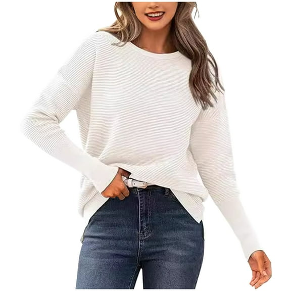 hotojiny Women Ribbed Knit Sweater Crew Neck Long Sleeve Pullover Tops Fall Winter Casual Side Split Sweaters Tops