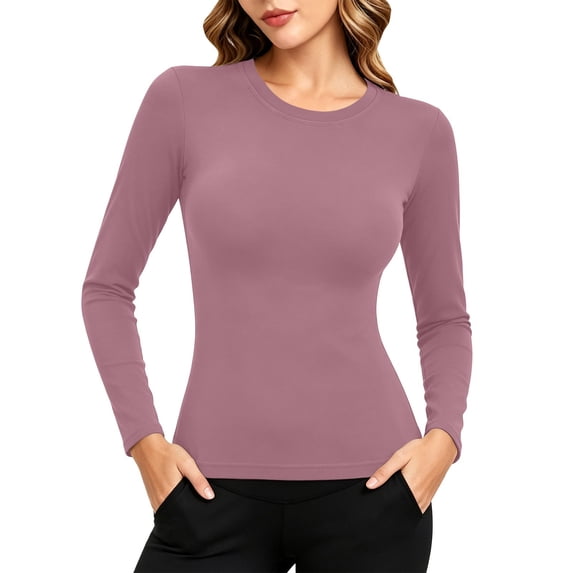 hotojiny Women Thermal Long Sleeve Shirts Crew Neck Slim Fitted Tops Fleece Lined Winter Base Layer Undershirt(Pink,X-Large)