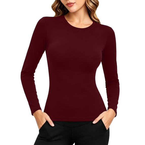 hotojiny Women Thermal Long Sleeve Shirts Crew Neck Slim Fitted Tops Fleece Lined Winter Base Layer Undershirt(Red,Large)