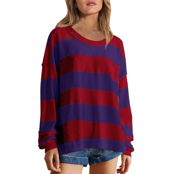 hotojiny Women Top Oversized Striped Color Block Long Sleeve Sweatshirt Crew Neck Casual Loose Pullover Shirts